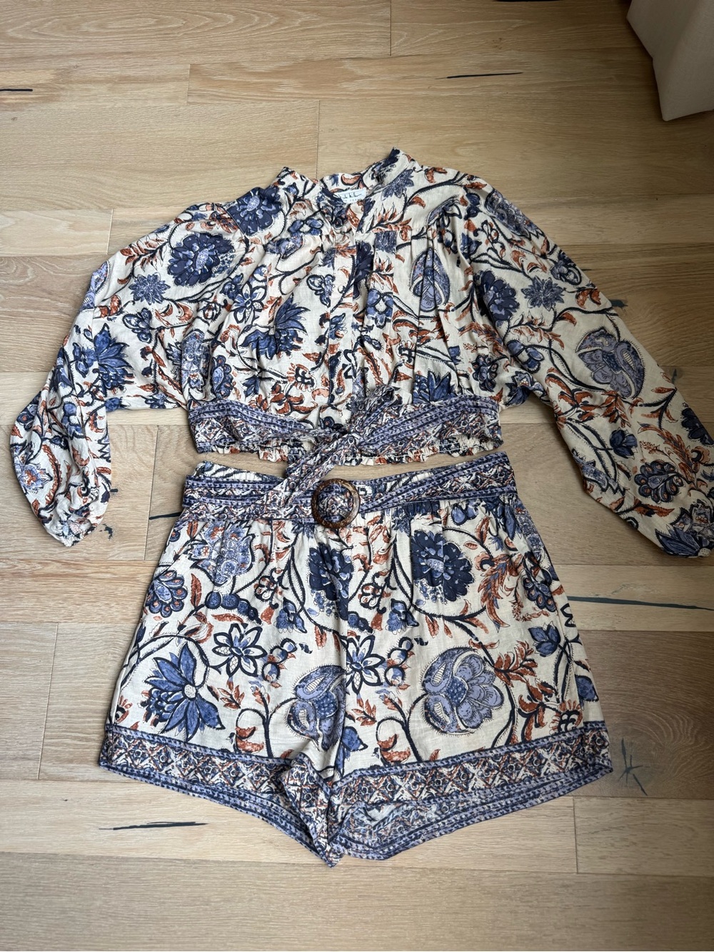 Nicole Miller Cream Blue and Brown Floral Two-Piece Set - linen